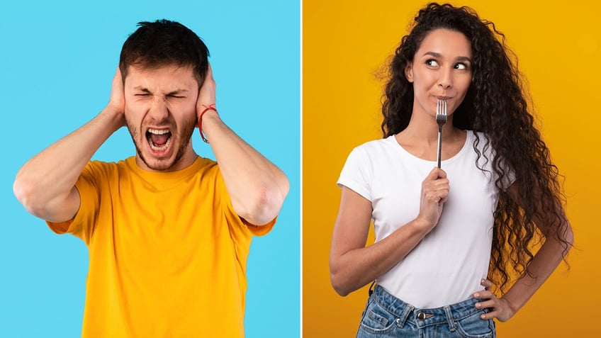 A man on the left reacts to food noise differently than a woman on the right.