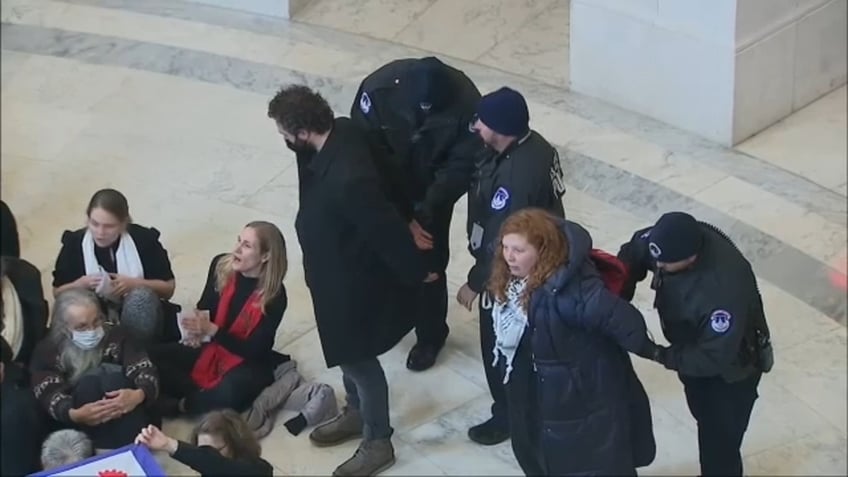 capitol police begin arresting gaza cease fire protesters holding sit in at cannon rotunda