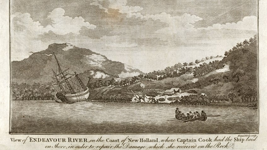 Contemporary engraving of HMS Endeavour in Australian harbor