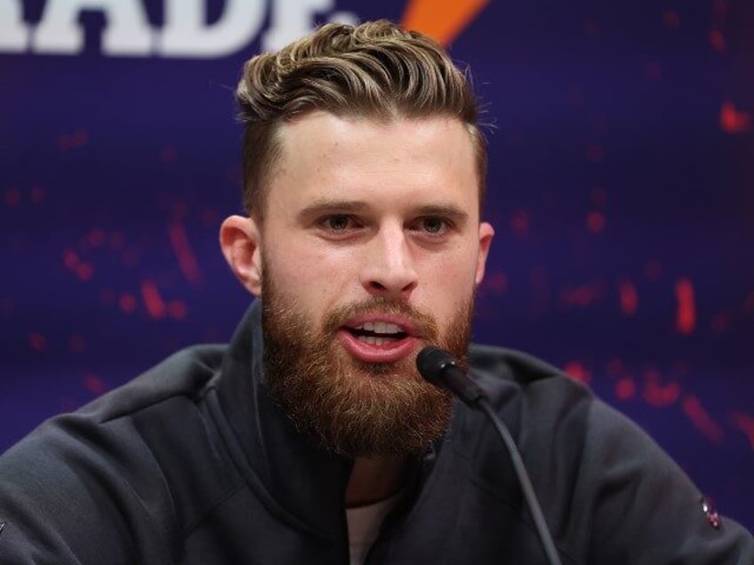 Harrison Butker #7 of the Kansas City Chiefs speaks with the media during Super Bowl LVIII