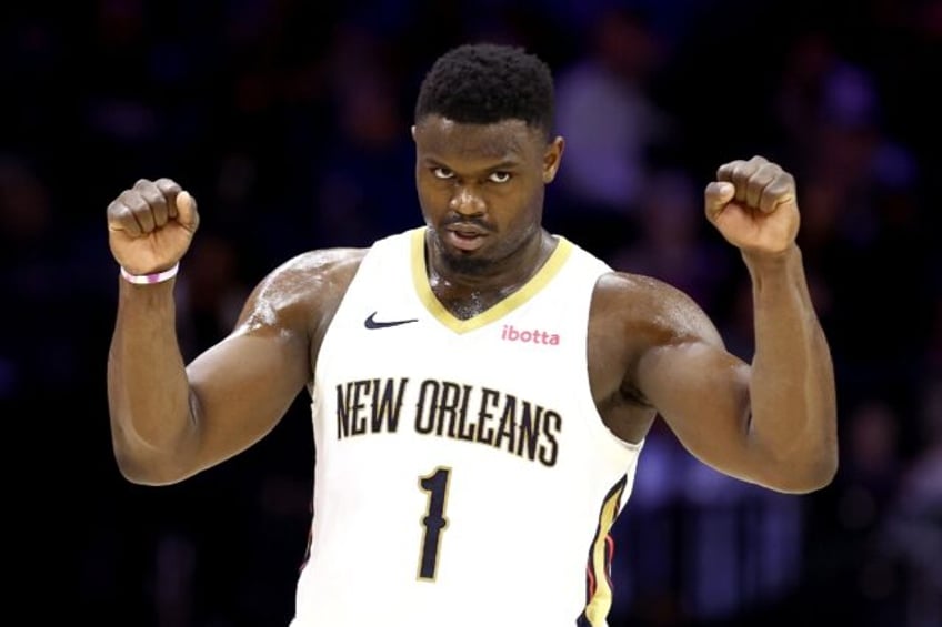 New Orleans Pelicans star Zion Williamson reacts during the team's NBA victory over the Ph