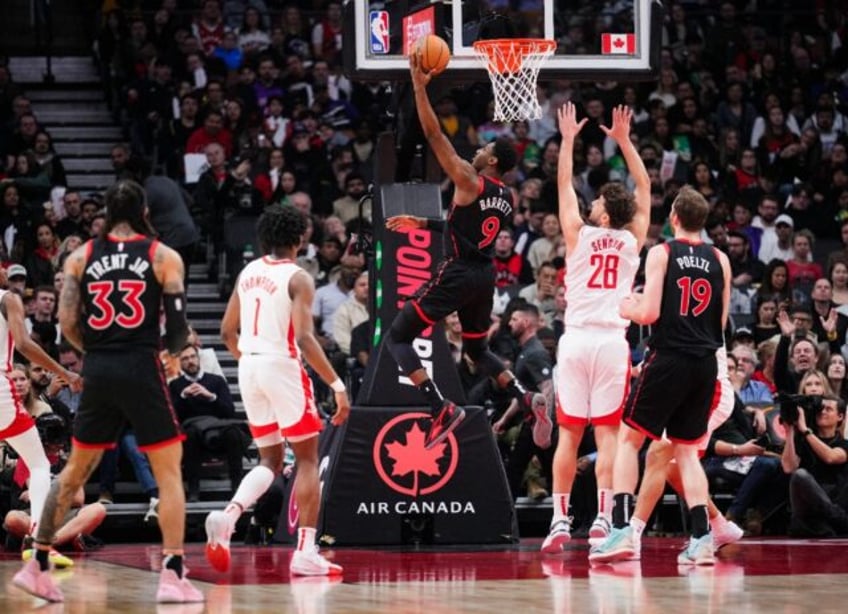 Toronto's RJ Barrett drives to the basket in the Raptors' NBA victory over the Houston Roc