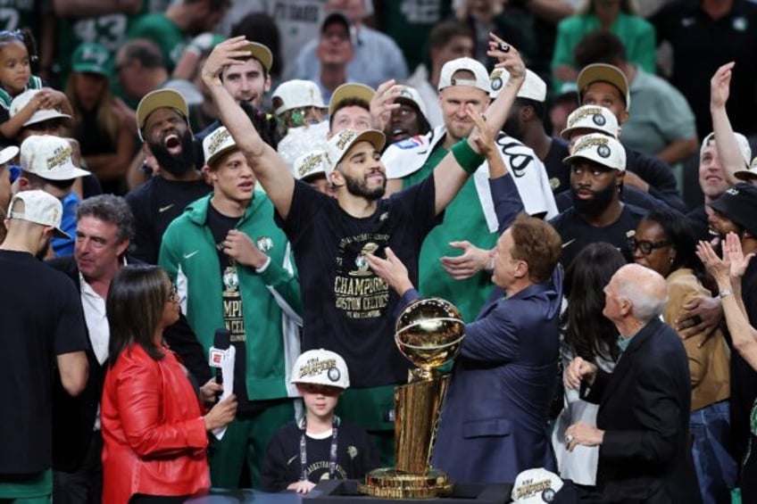 Jayson Tatum celebrates after Boston's NBA Finals-clinching win over Dallas