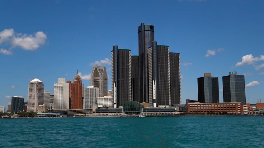The Detroit skyline across the water