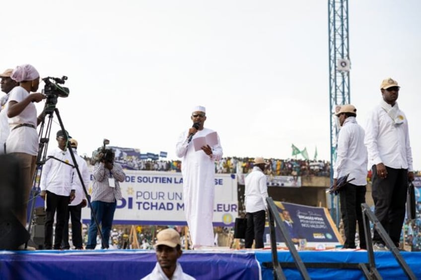 Chad's ruler Mahamat Idriss Deby Itno addresses a campaign rally in Moundou