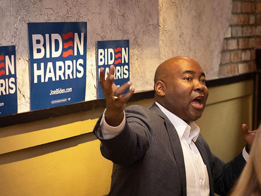 Jaime Harrison, DNC chair, speaks during a Democratic roundtable session held on Wednesday