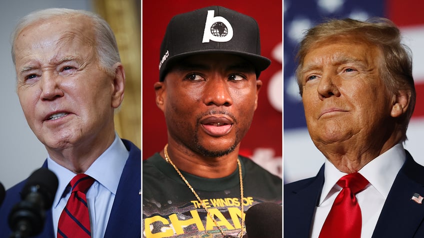 Joe Biden Charlamagne tha God and Donald Trump split image