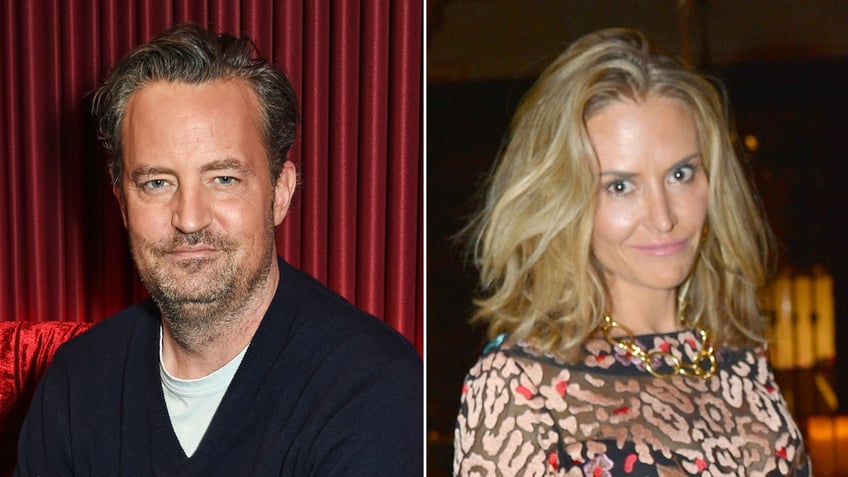 Matthew Perry wears blue sweater next to Brooke Mueller in a sheer dress.