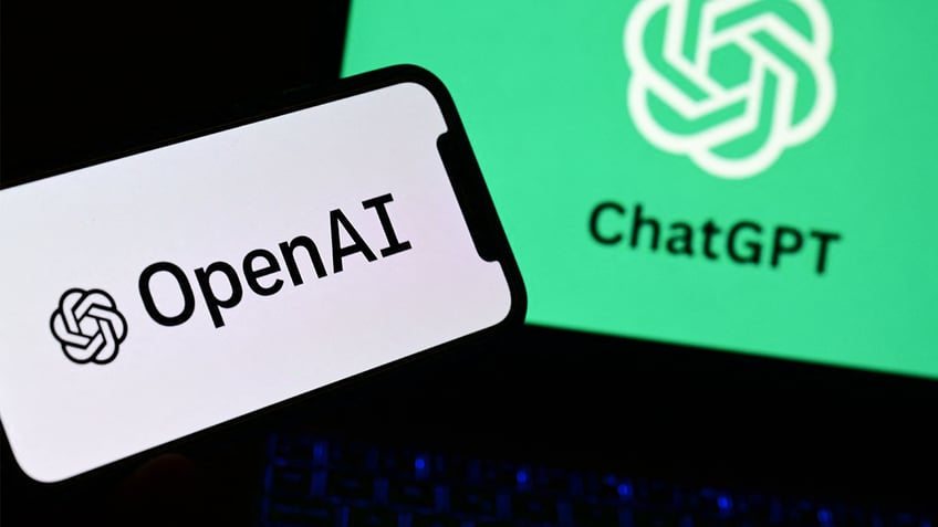 OpenAI and ChatGPT logos displayed on screens.