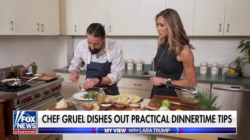 Chef Andrew Gruel plates a dish he prepared on "My View with Lara Trump."