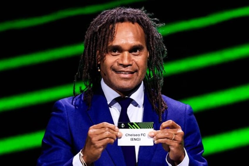 Former France player Christian Karembeu produces Chelsea's name during Friday's UEFA Confe