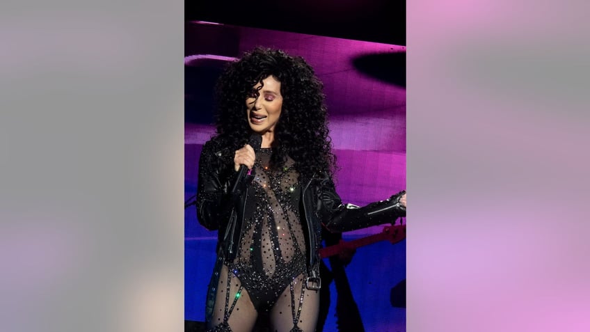 A close-up of Cher in a sheer sparkling costume performing on stage.