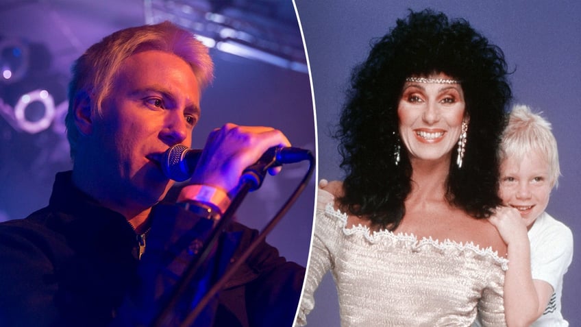 A split image of Elijah Blue Allman singing and a photo of him with Cher as a child