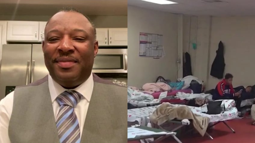 Andre Smith, left; migrant shelter interior, right