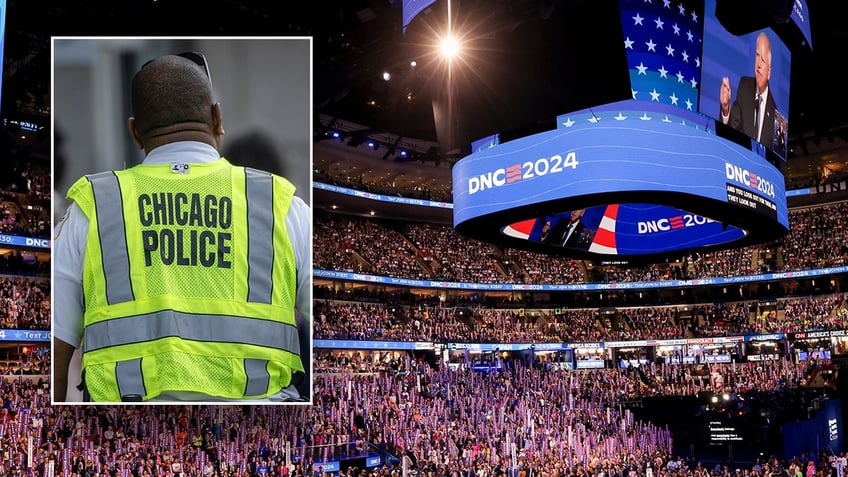 Chicago Police officers, inset, DNC convention crowd in main photo