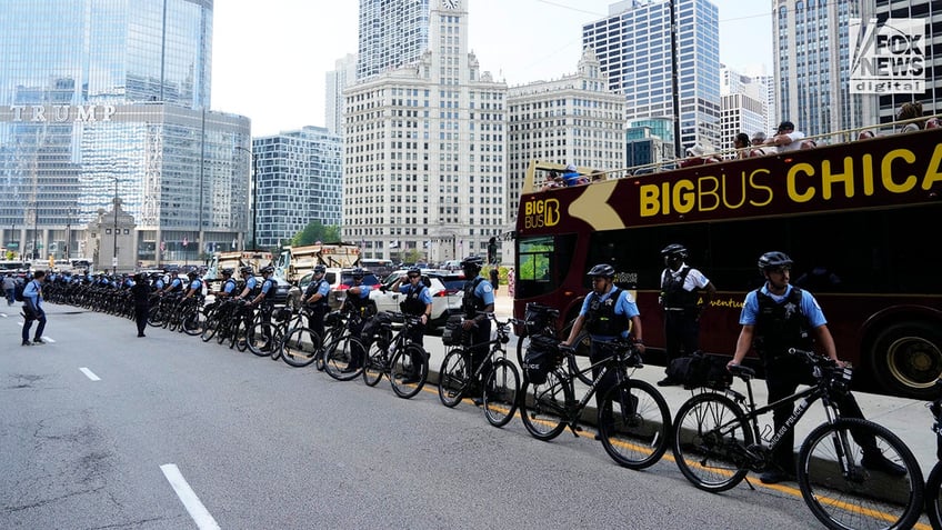 Police patrol the streets as anti-Israel protesters participate in the ‘Bodies Outside of Unjust Laws’ march ahead of the start of the Democratic National Convention