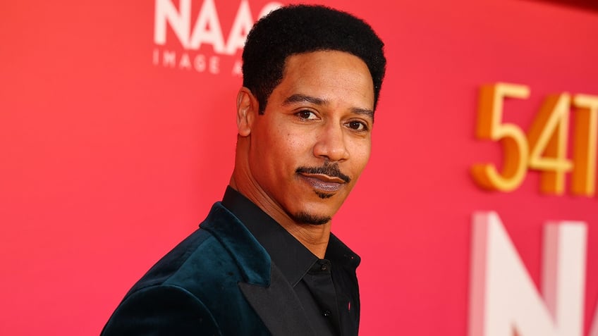 Brian J. White in a velvet turquoise jacket looks serious on the carpet