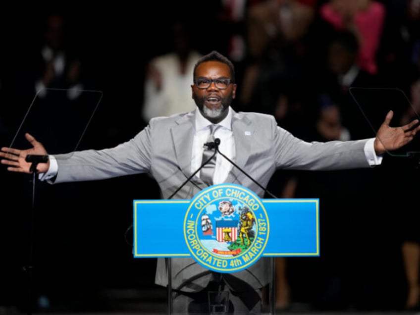 Chicago Mayor Brandon Johnson gestures during his inaugural address after taking the oath