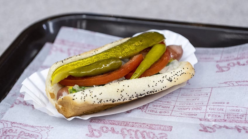 A Chicago style hot dog on a black tray.