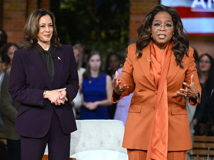 US Vice President and Democratic presidential candidate Kamala Harris (L) joins US televis