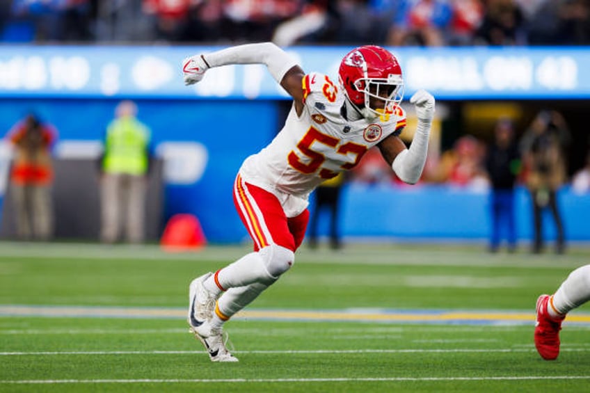 Thompson of the Kansas City Chiefs rushes the edge during a game against the Los Angeles Chargers at SoFi Stadium on January 7, 2024 in Inglewood,...