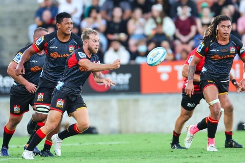 Xavier Roe (third from left) scored one of the Waikato Chiefs first-half tries on Friday