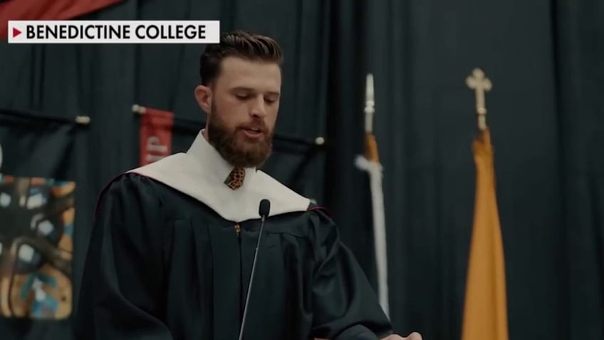 Chiefs kicker Harrison Butker gives the 2024 commencement address at Benedictine College.