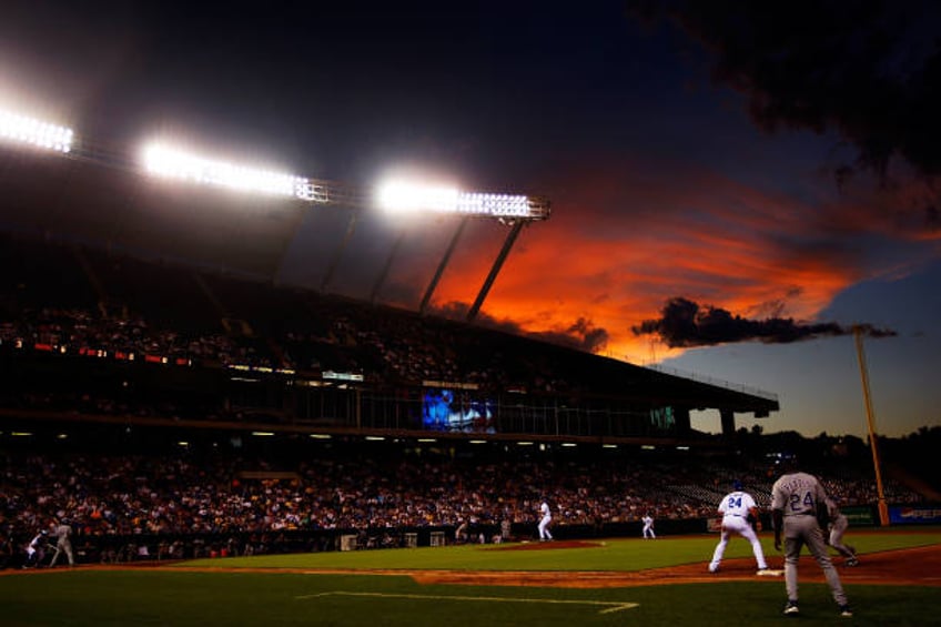 General view as the sun sets during the game between the Texas Rangers and the Kansas City Royals at Kauffman Stadium June 10, 2008 in Kansas City,...