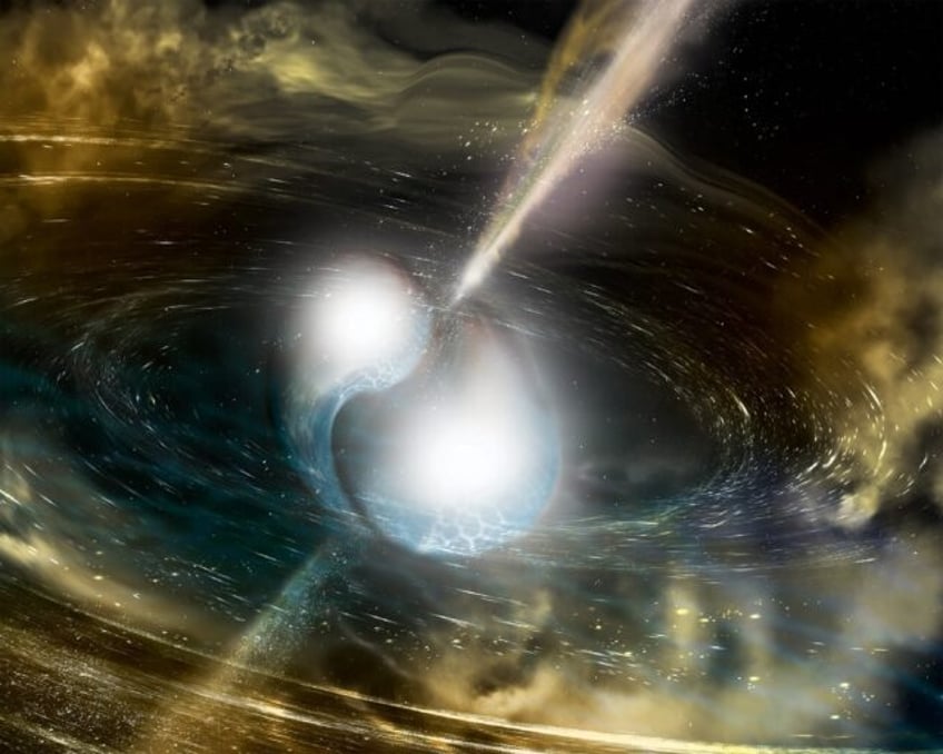 An artist's illustration of two neutron stars merging, creating a gamma-ray burst