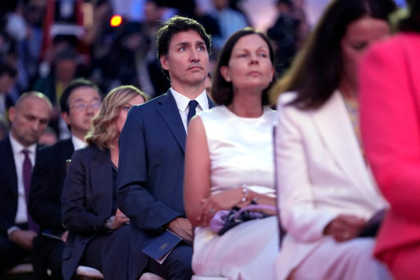 Canada's Prime Minister Justin Trudeau sits in the audience before President Joe Biden delivers remarks on the 75th anniversary of NATO at the Andrew W. Mellon Auditorium, Tuesday, July 9, 2024, in Washington. (AP Photo/Evan Vucci)