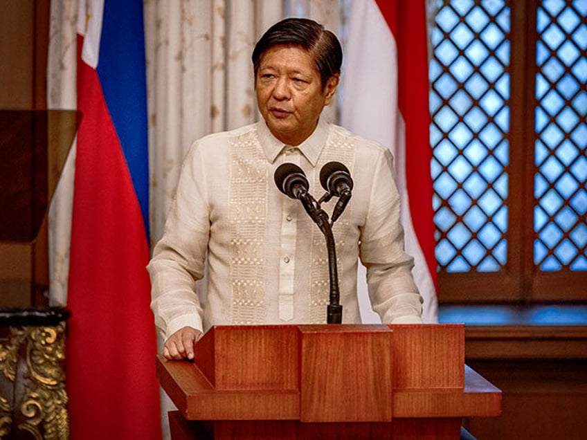 Philippines' President Ferdinand Marcos Jr. and Indonesia's President Joko Widodo (not pictured) deliver a joint statement at the Malacanang Palace in Manila on January 10, 2024. (Photo by Ezra Acayan / POOL / AFP) (Photo by EZRA ACAYAN/POOL/AFP via Getty Images)