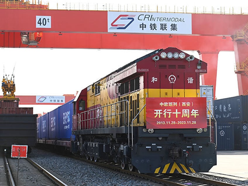 China-Europe freight train X8155 prepares to depart from the station of Xi'an International Port in northwest China's Shaanxi Province, Nov. 28, 2023. (Photo by Zou Jingyi/Xinhua via Getty Images)