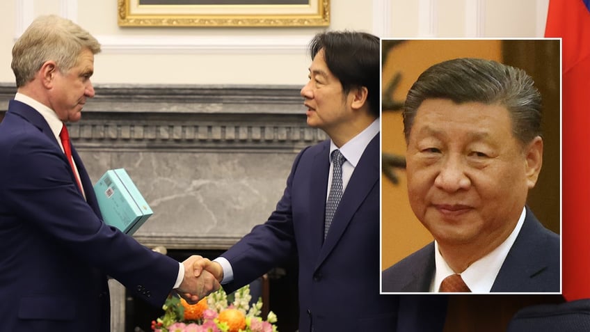 Xi Jinping against a photo of Michael McCaul and Lai Ching-tse