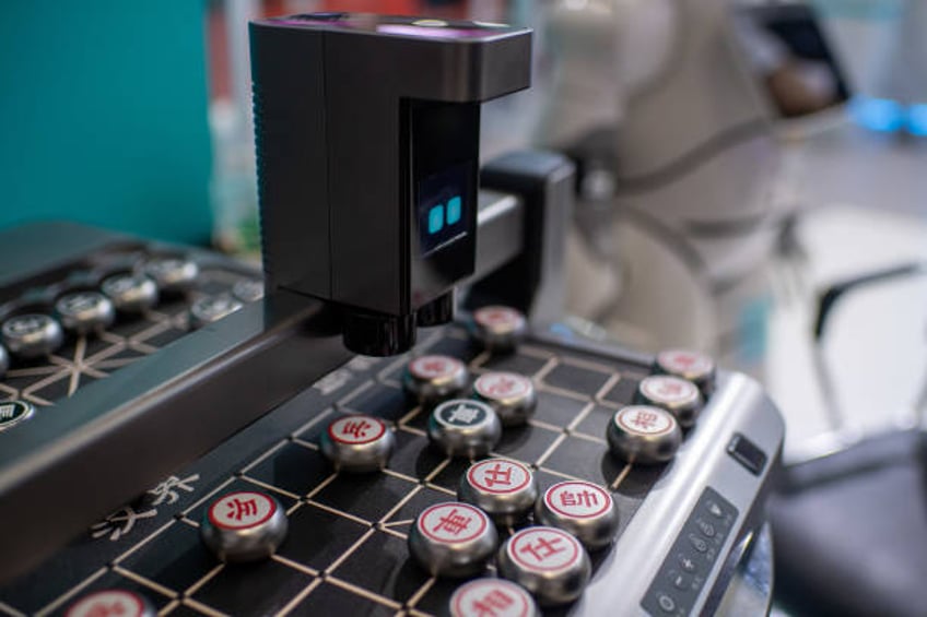 Robot plays Chinese chess during the 2022 World Robot Conference at Beijing Etrong International Exhibition & Convention Center on August 18, 2022 in...