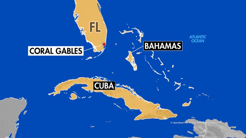 A map showing Cuba, the Bahamas and Coral Gables, Florida. All three are within 250 miles.