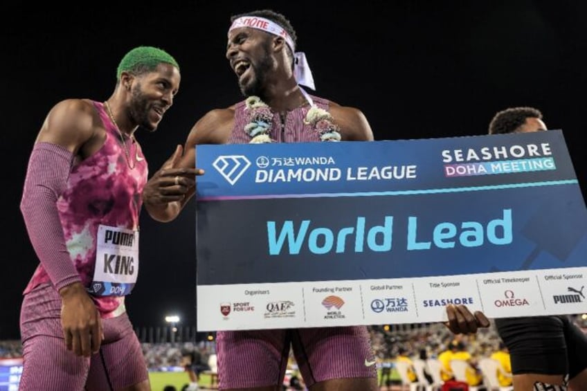 USA's Kyree King (L) finished third behind Kenny Bednarek in the men's 200m