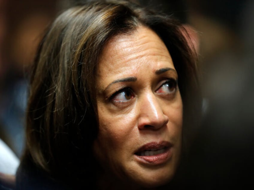 U.S. Sen. Kamala Harris, D-Calif., speaks to reporters following a get out the vote rally,