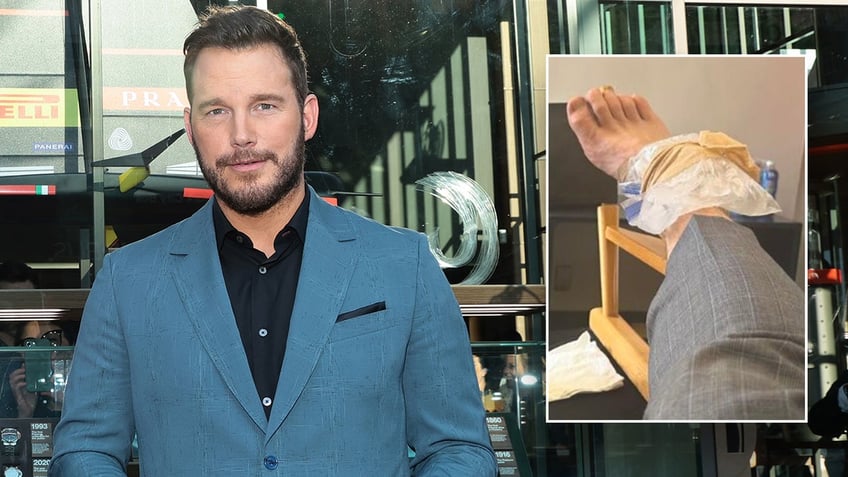 A photo of Chris Pratt with an inset image of his injured ankle