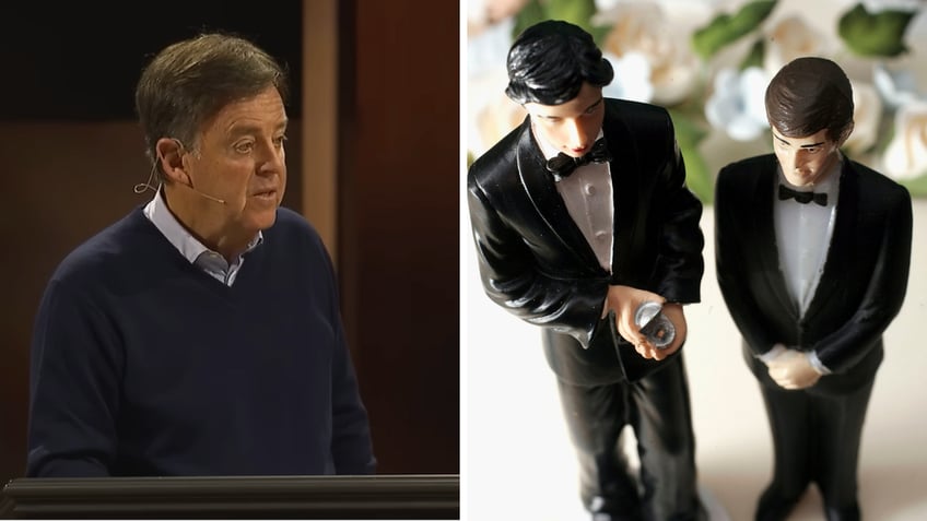 split of Alistair Begg, same-sex wedding cake topper