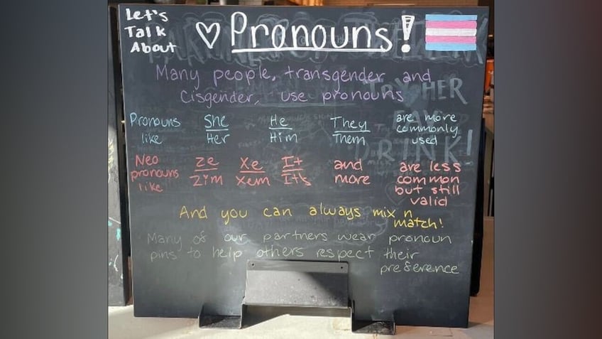 Pride Month display about pronouns