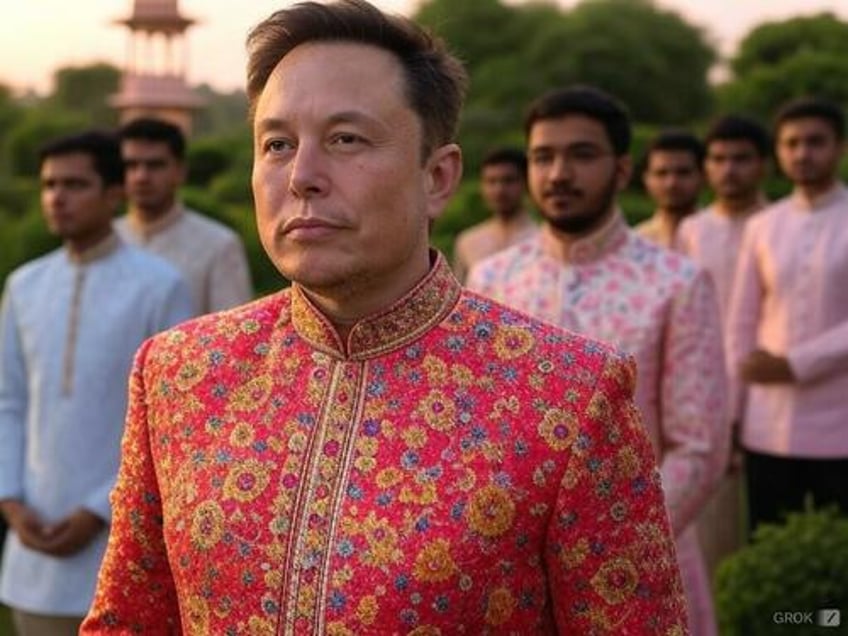 Grok image of Elon Musk in Indian garb in front of a group of Indians similarly attired. 