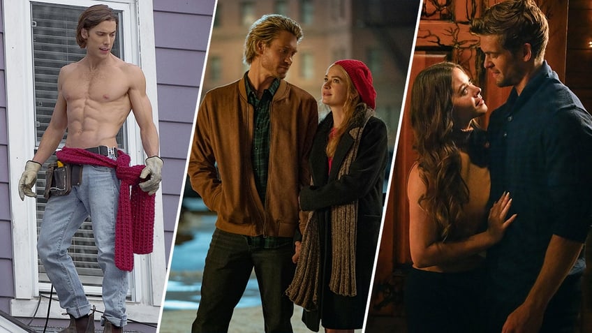 three photos split - movie stills from "Hot Frosty," "The Merry Gentlemen," and "A Carpenter Christmas Romance"