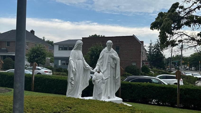 Wide shot of Mary, Joseph and Jesus statues