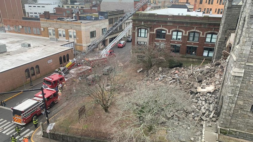 Debris on the ground near the chruch