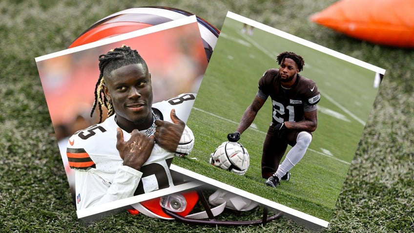 In the background, a Cleveland Browns helmet rests on the field with a photo of David Njoku and Denzel Ward in front