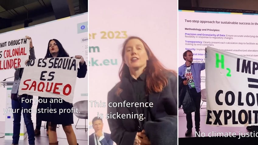 climate activist disrupts ritzy eu conference with messy green goo vomit demonstration