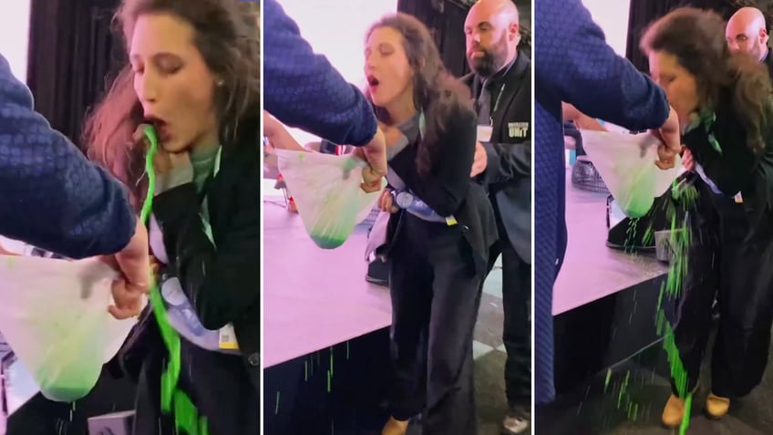 climate activist disrupts ritzy eu conference with messy green goo vomit demonstration