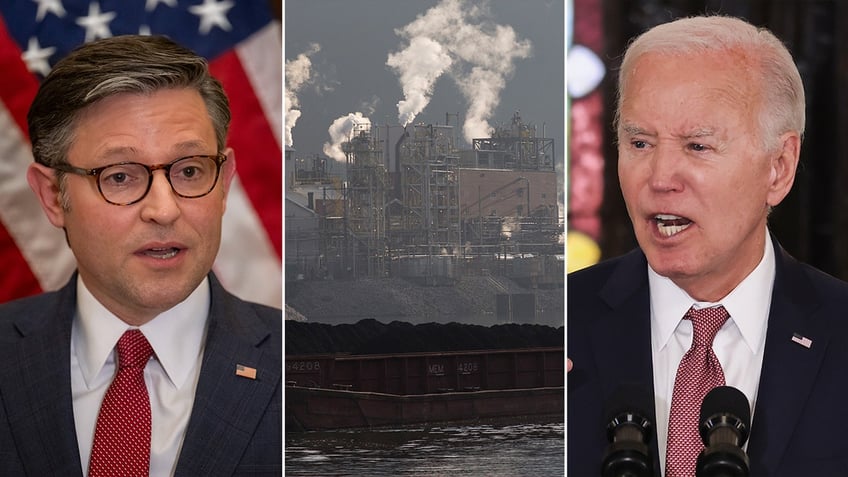 Johnson, coal power plant and Biden split image