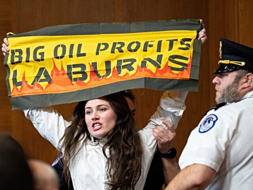 UNITED STATES - JANUARY 15: A protester holds up a "Big Oil Profits LA Burns" banner as Se