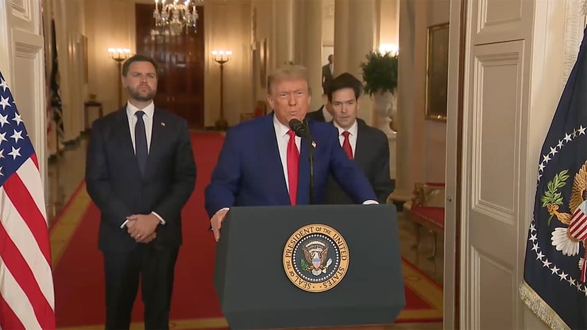 US Vice President JD Vance, from left, US President Donald Trump, Marco Rubio, US secretary of state, and Pete Hegseth, US secretary of defense, during an address to the nation